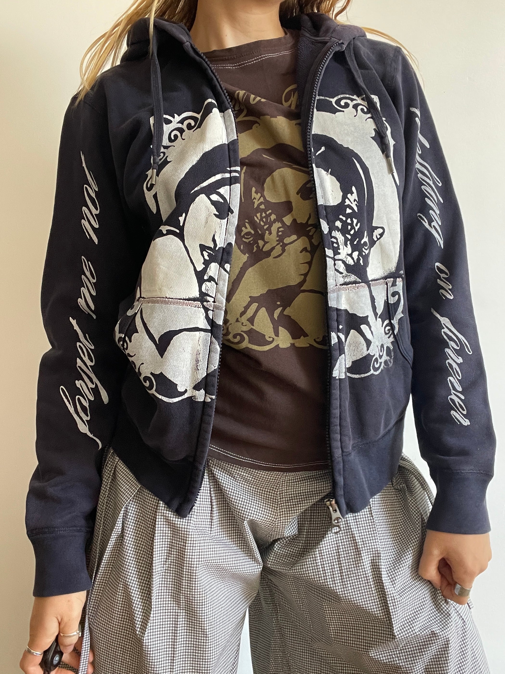 screen printed navy cat girl double zip slim fit hoodie