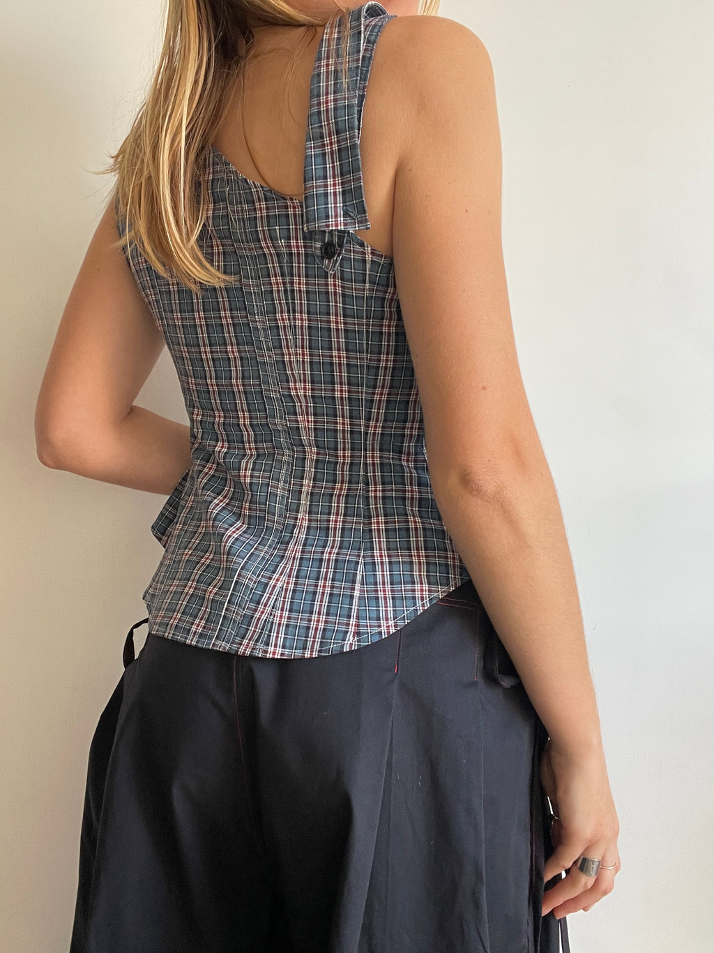 reworked one shoulder check button up tank with removable collar strap