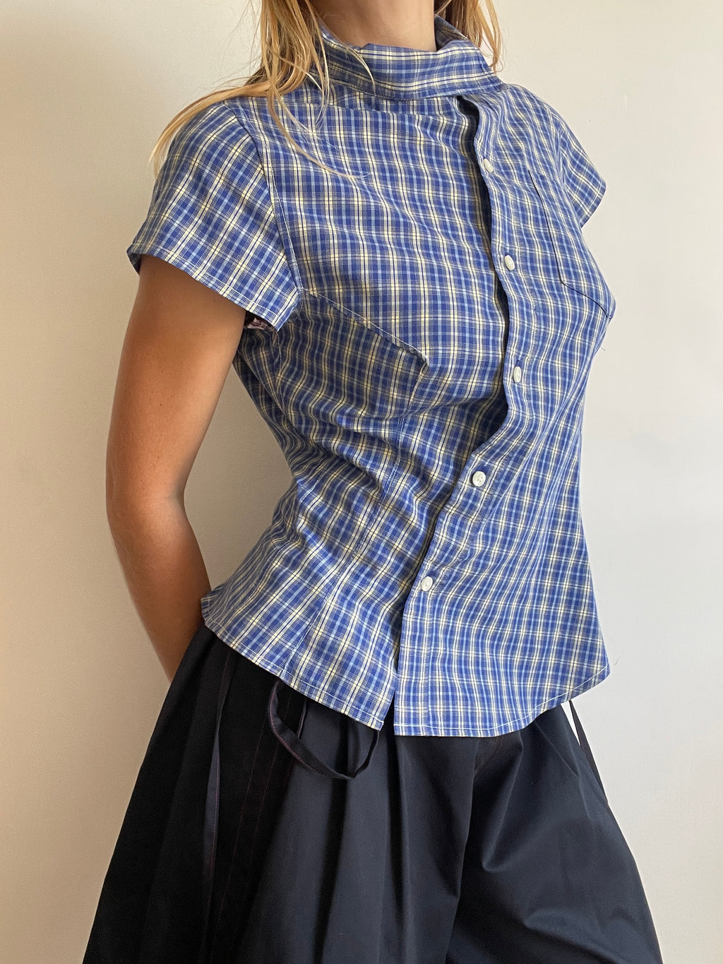 reworked blue yellow tartan asymetrical fitted shirt