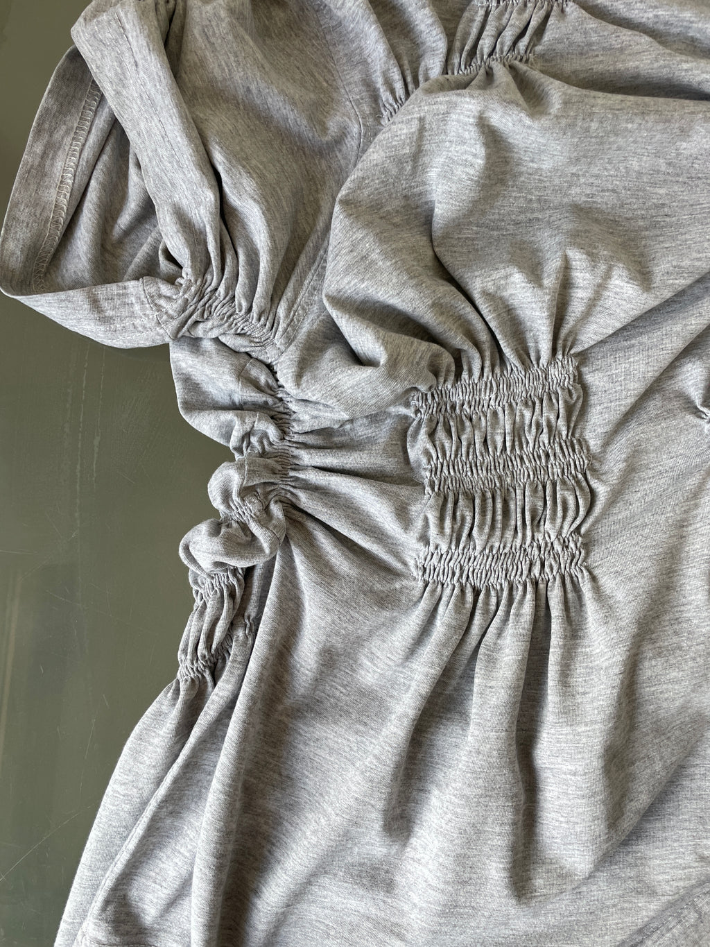 reworked grey tee with ruched slinky gathered details
