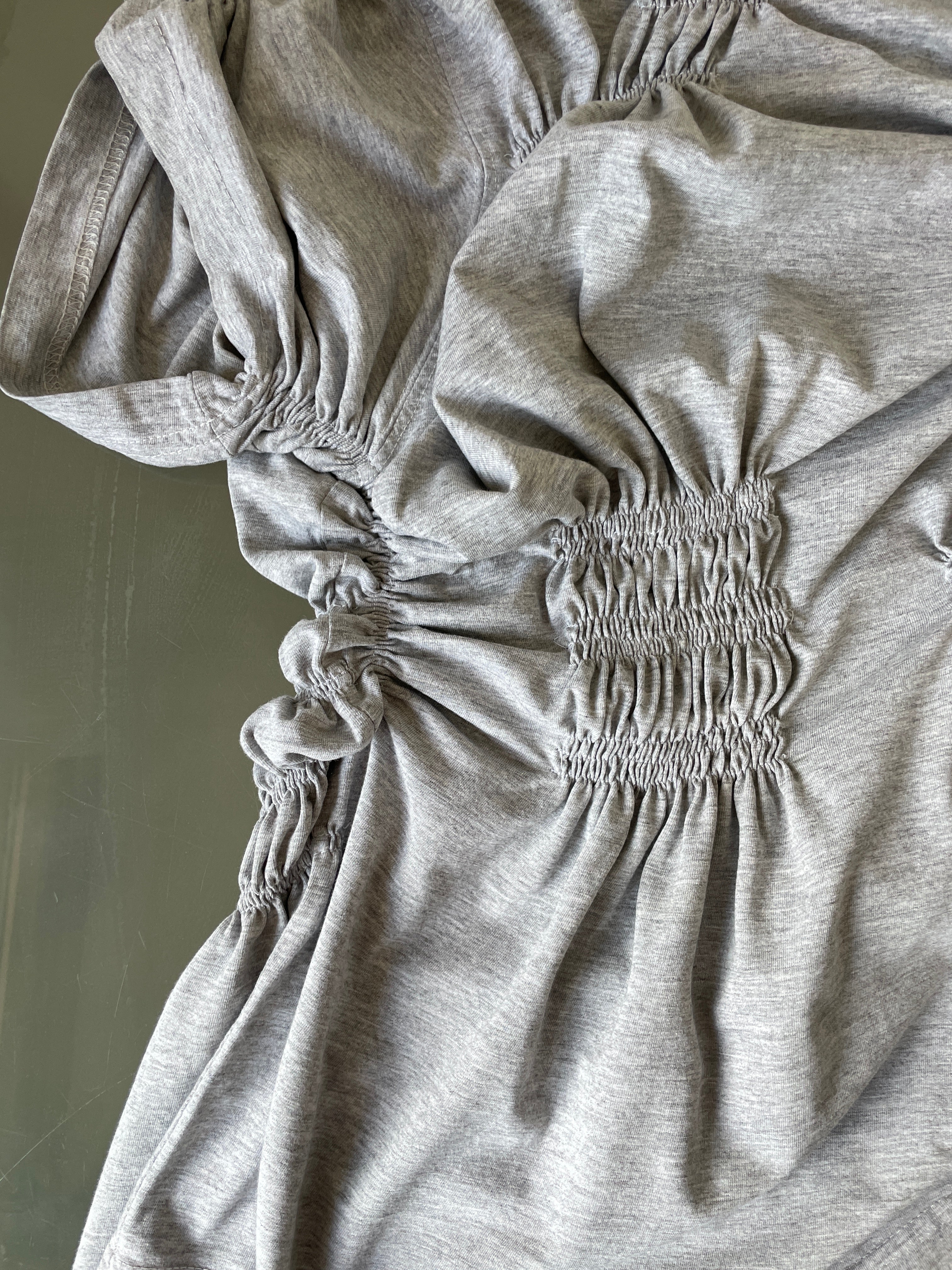 reworked grey tee with ruched slinky gathered details