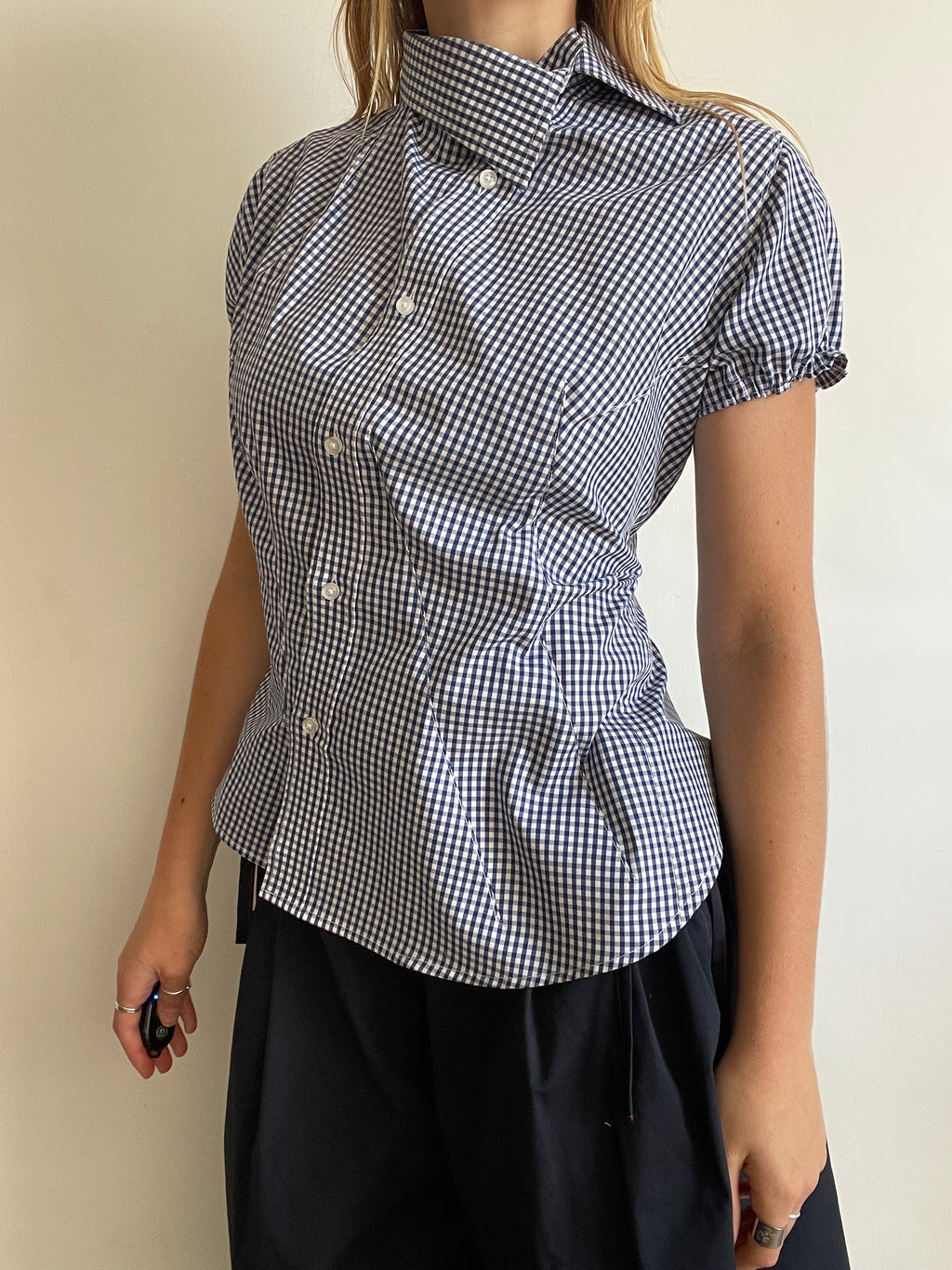 reworked asymetrical blue white gingham button up shirt