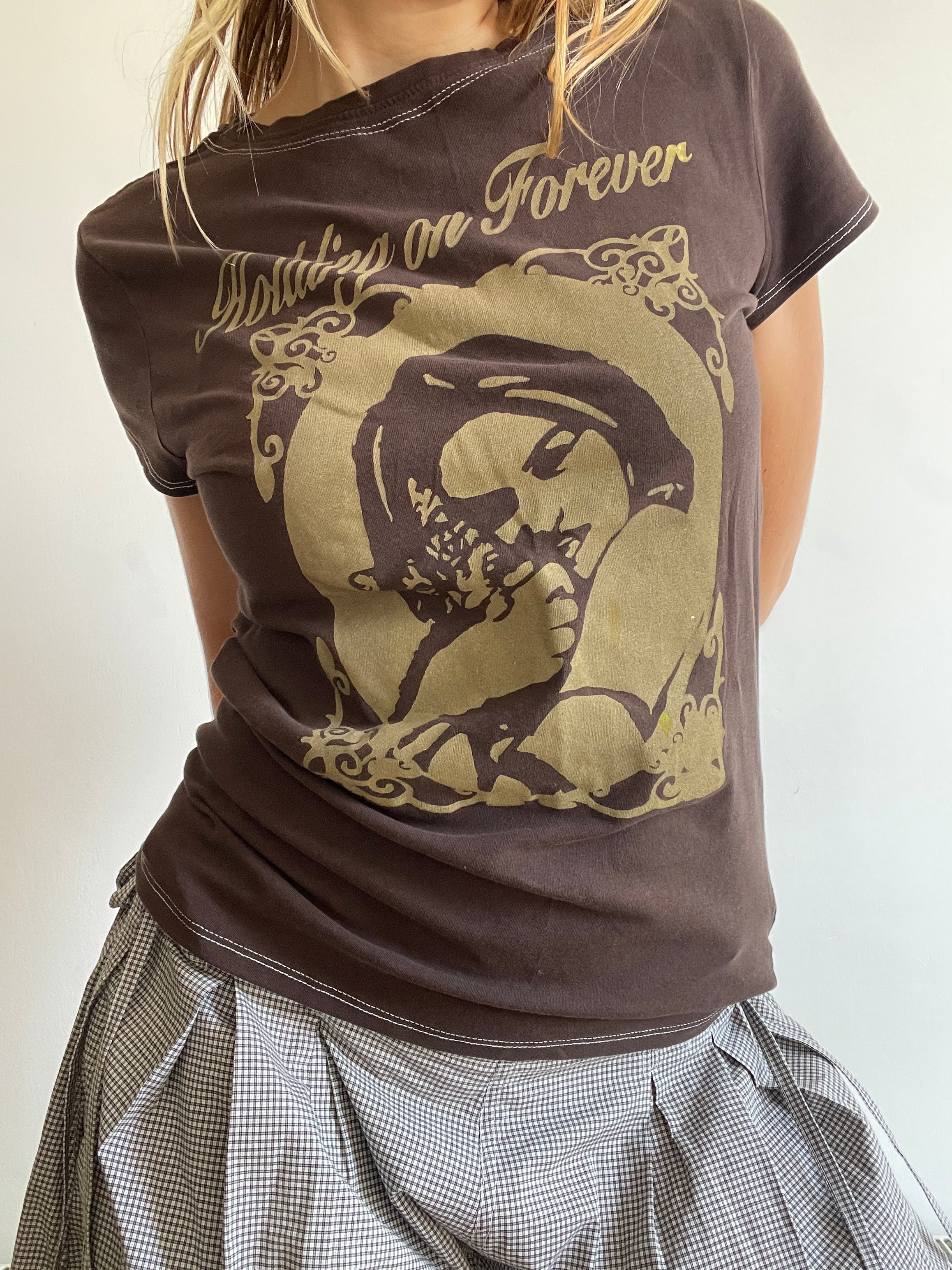 handmade brown and gold holding on forever baby tee