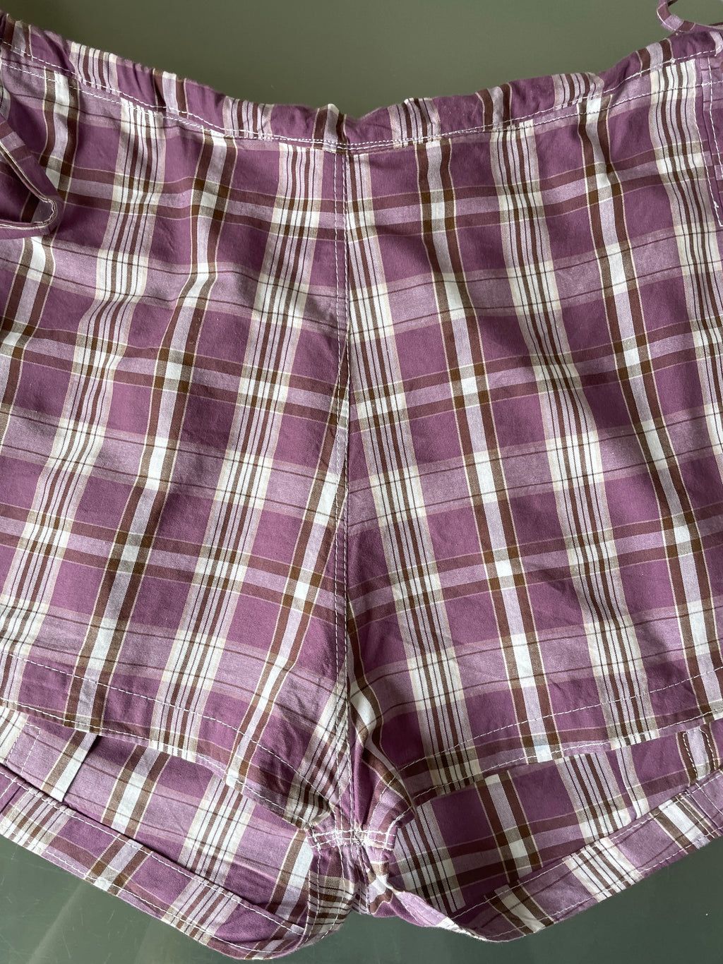 handmade tartan shorts with ties in vintage purple check fabric