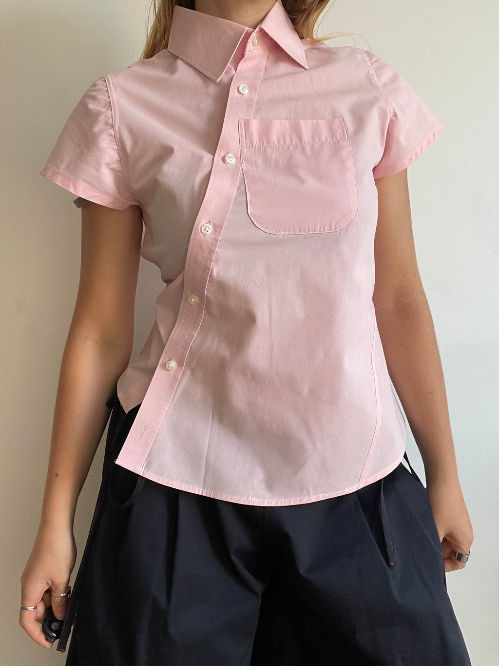 reworked tie back asymmetrical baby pink blouse