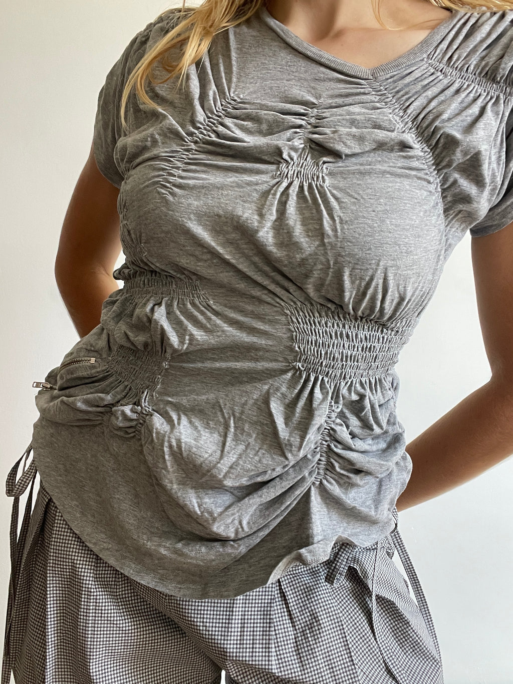 grey reworked elasticated ruched slinky t shirt