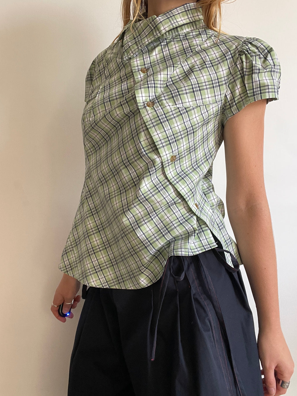 reworked green beige check puffed sleeve fitted blouse