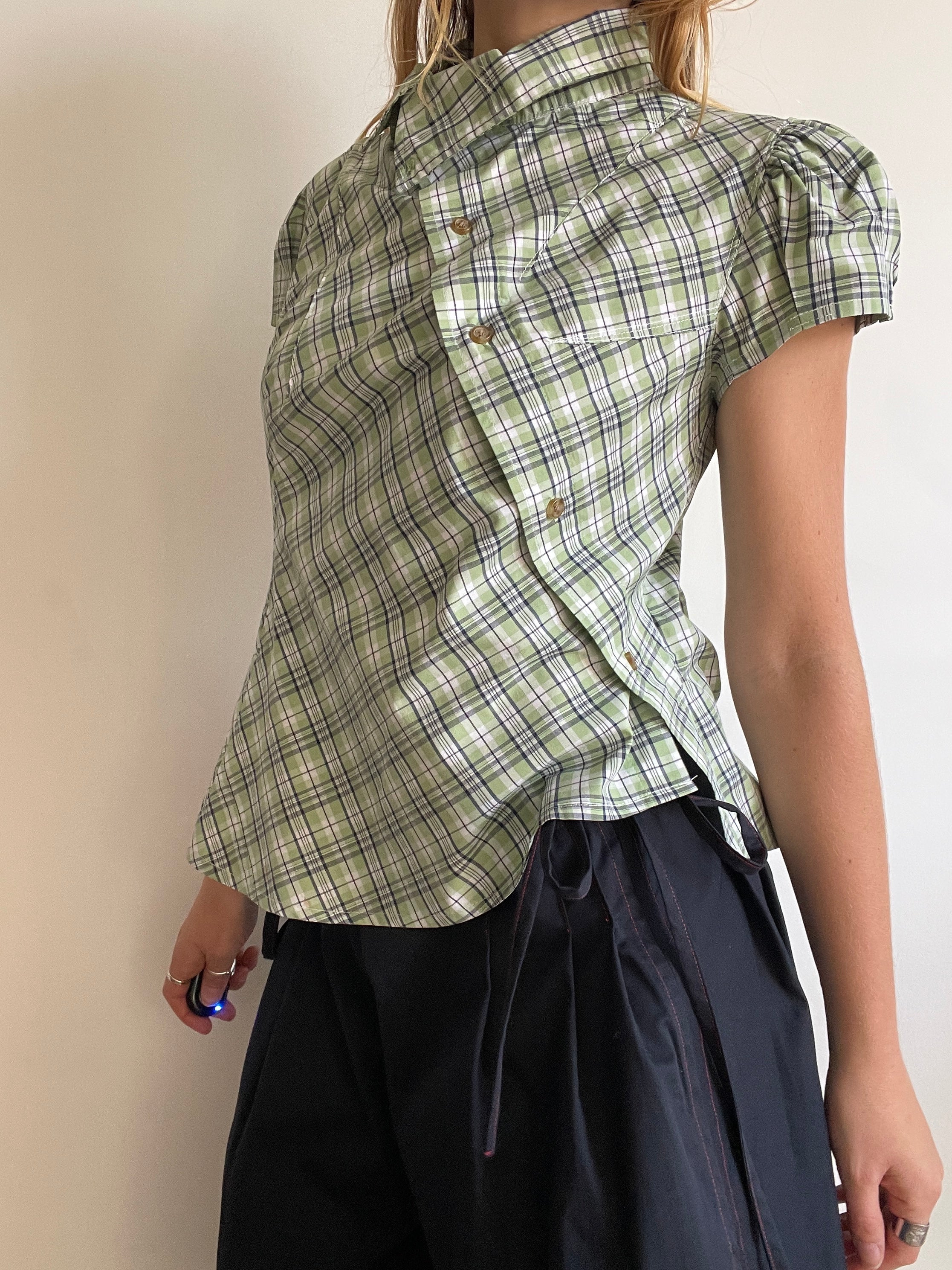 reworked green beige check puffed sleeve fitted blouse