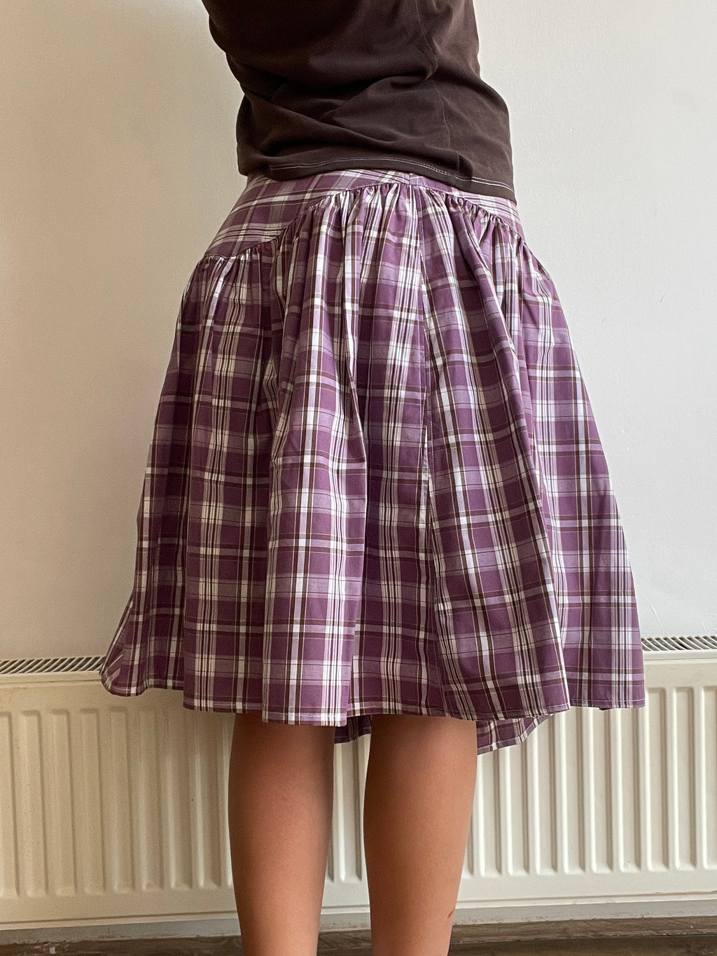 handmade metal popper button purple plaid gathered skirt