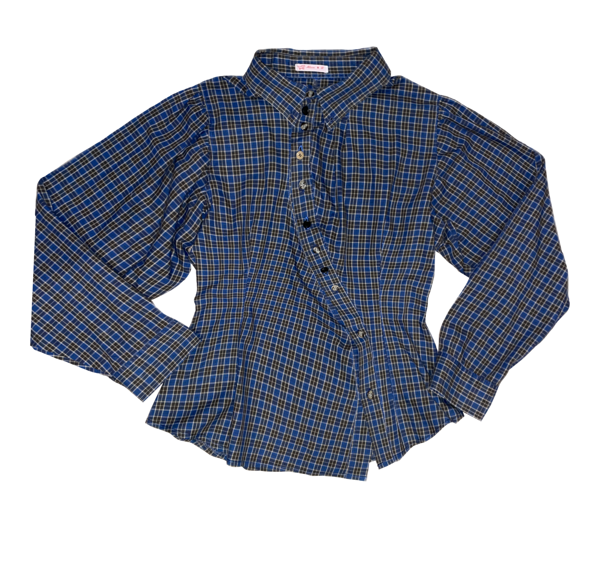 reworked asymetrical button up blue plaid long sleeve shirt