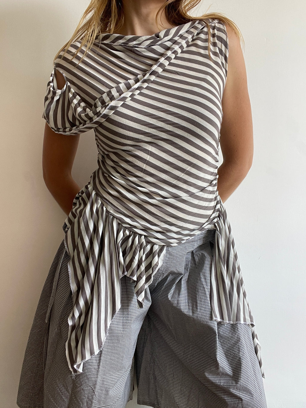 handmade asymmetrical pixie striped off the shoulder long fitted tunic top