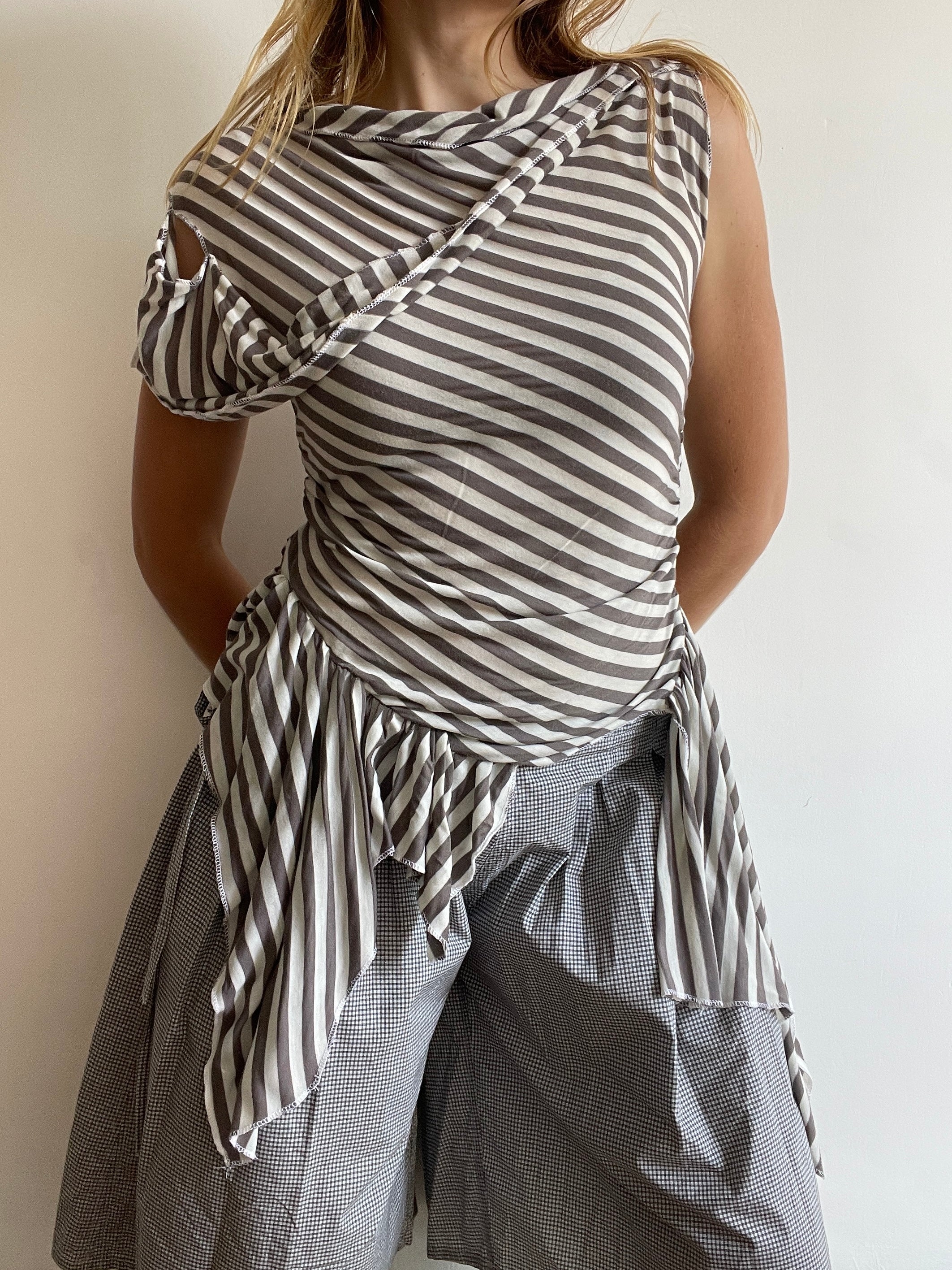 handmade asymmetrical pixie striped off the shoulder long fitted tunic top