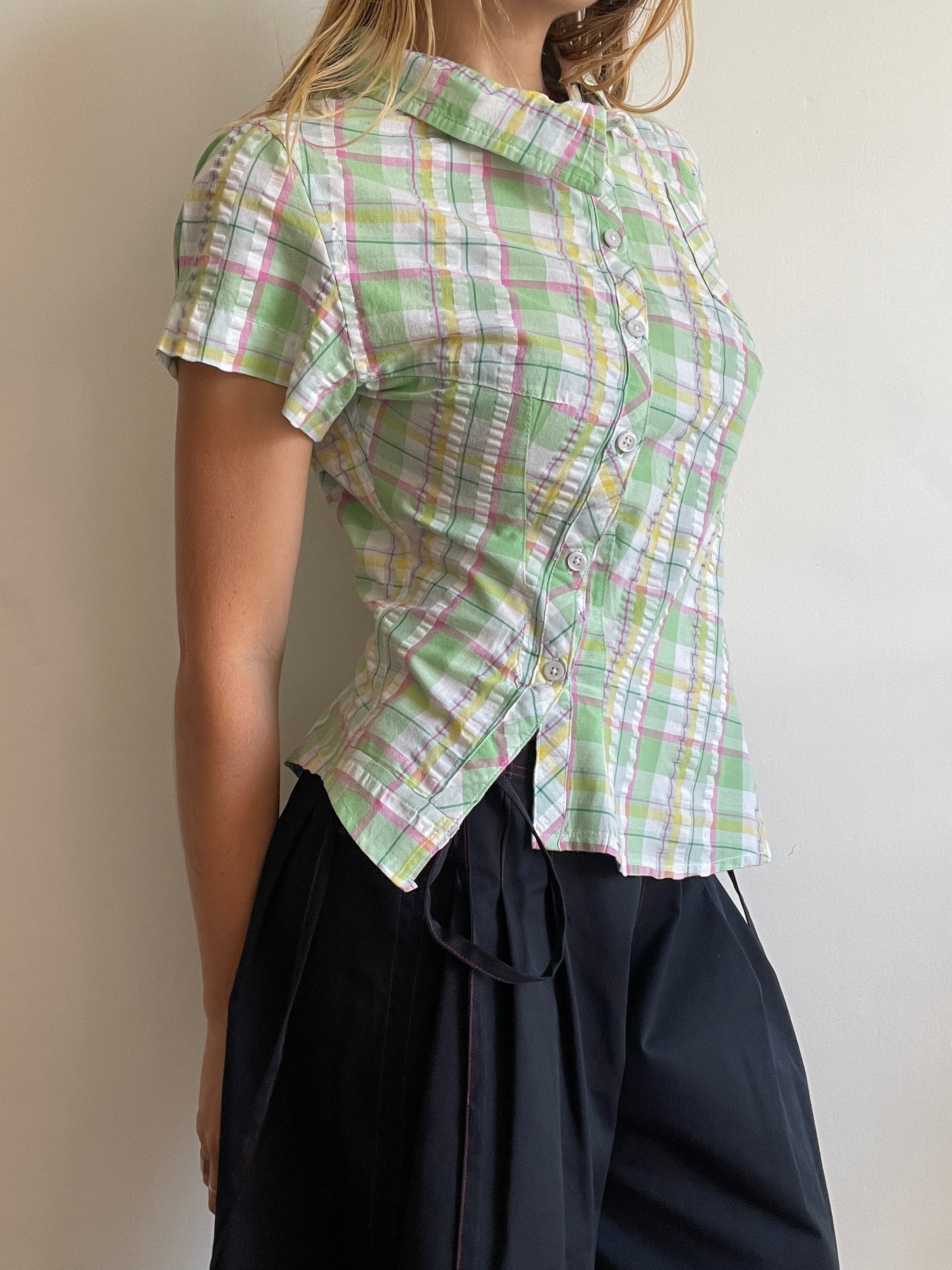 reworked seersucker tartan green pink fitted asymetrical shirt