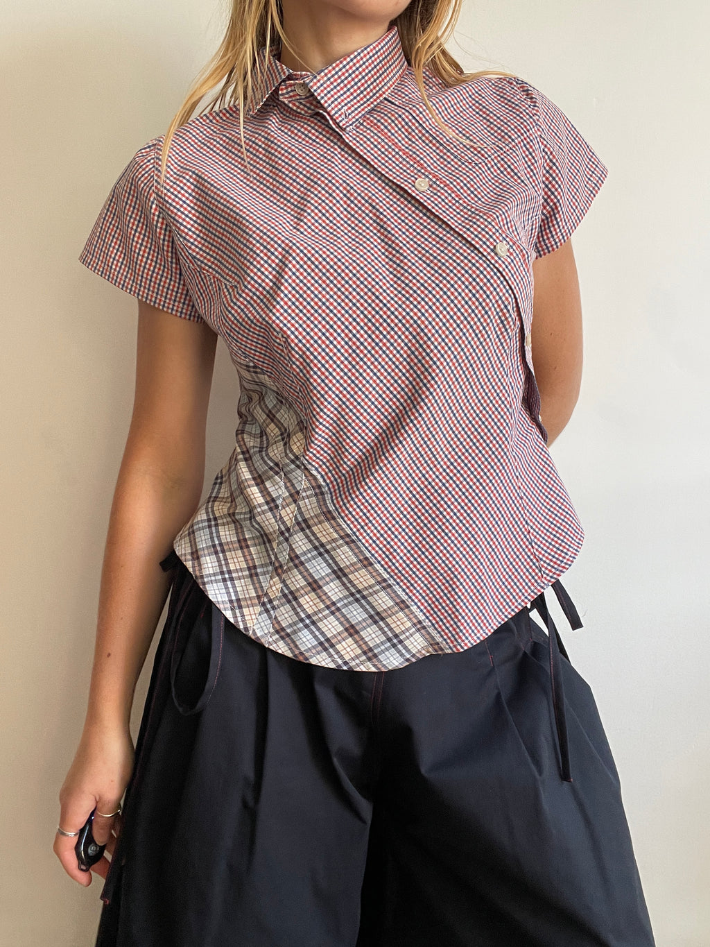 reworked patchwork gingham check blouse