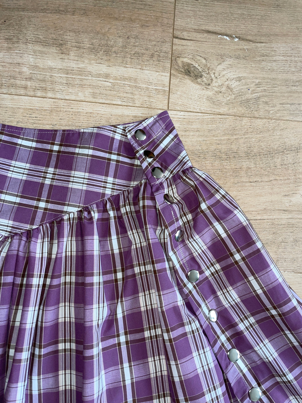 handmade metal popper button purple plaid gathered skirt