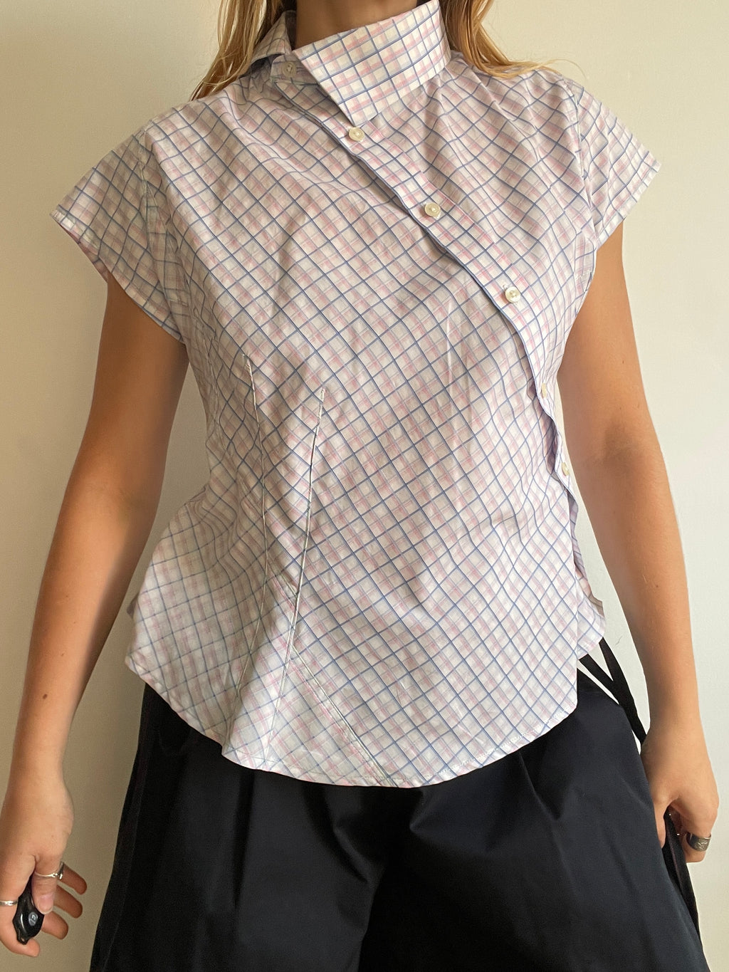 reworked pastel button up asymetrical shirt