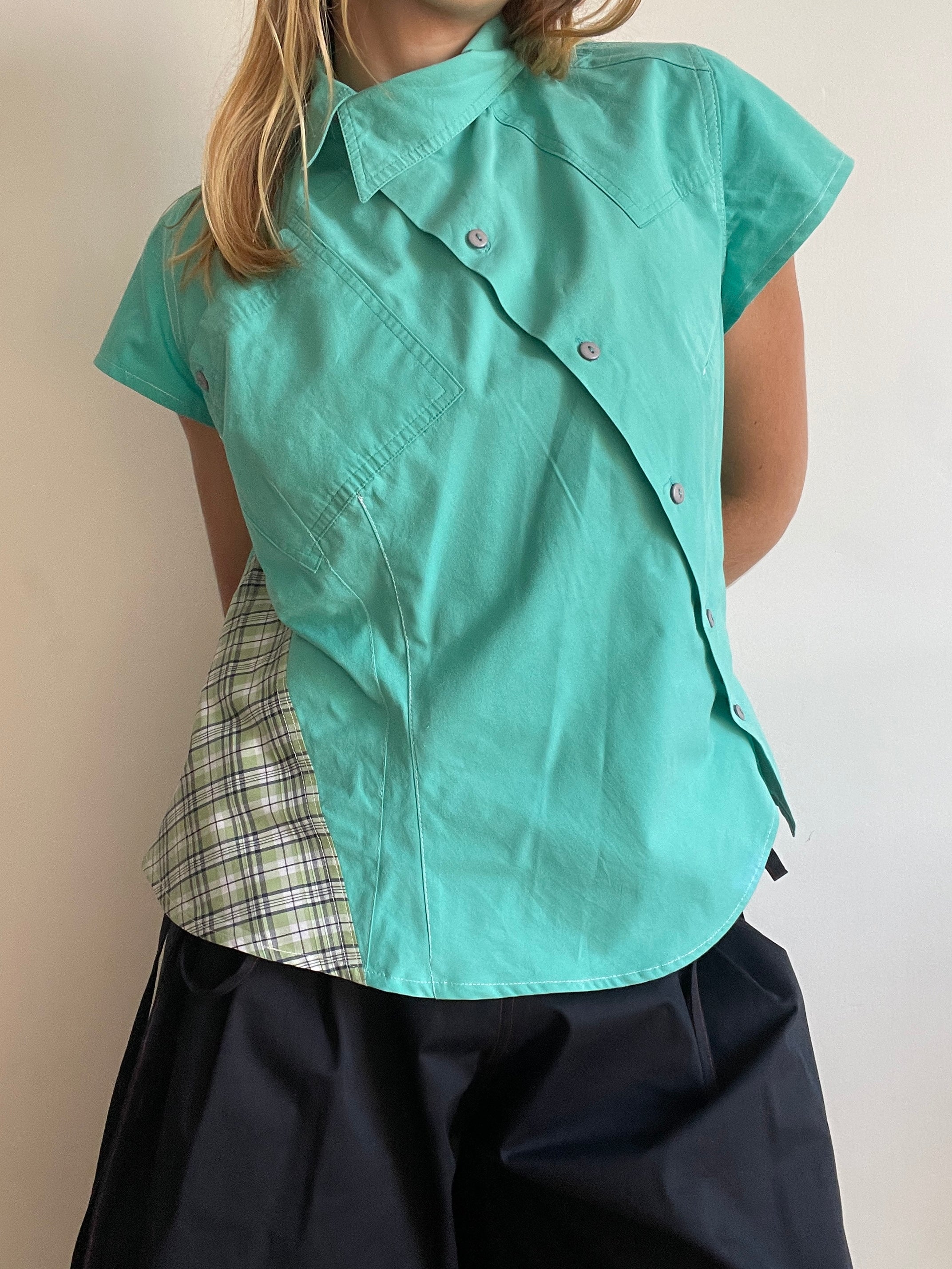 reworked mint patchwork asymmetrical blouse