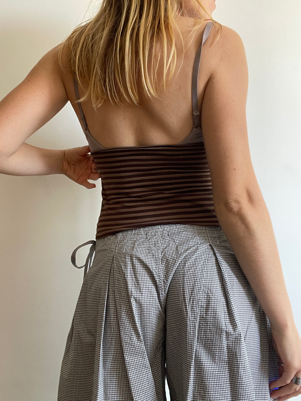 handmade brown stripe halterneck/ cowl neck with adjustable neck tie