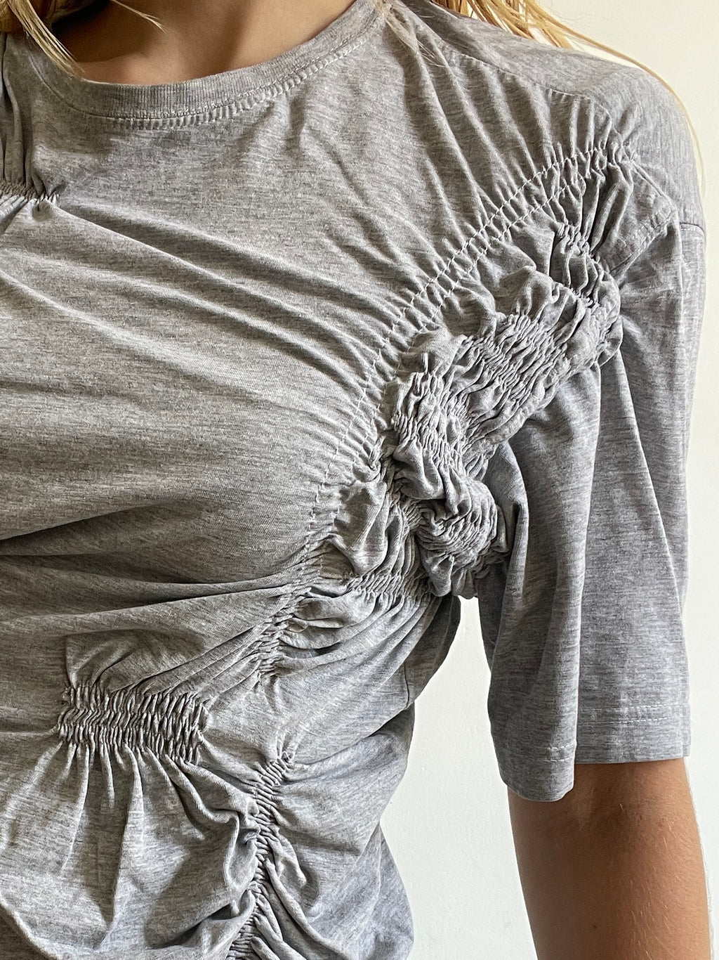 reworked grey tee with ruched slinky gathered details