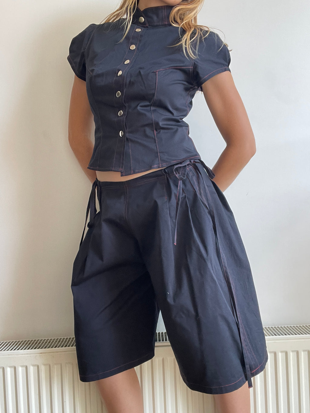 handmade matching set navy stretch baggy shorts and shirt