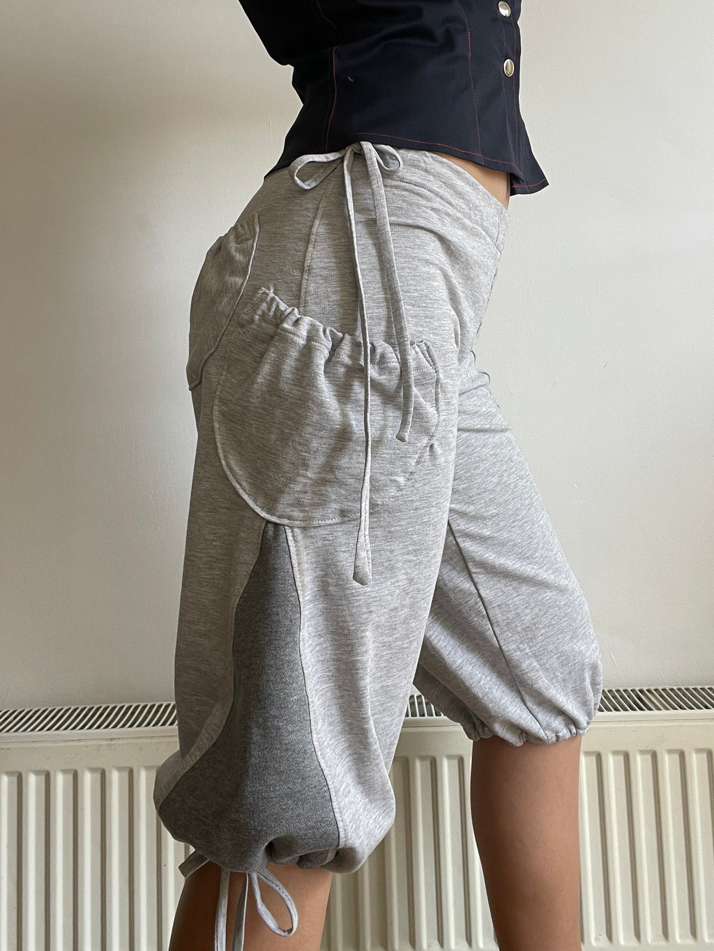 handmade grey jersey pocket cargo style slinky capri pants