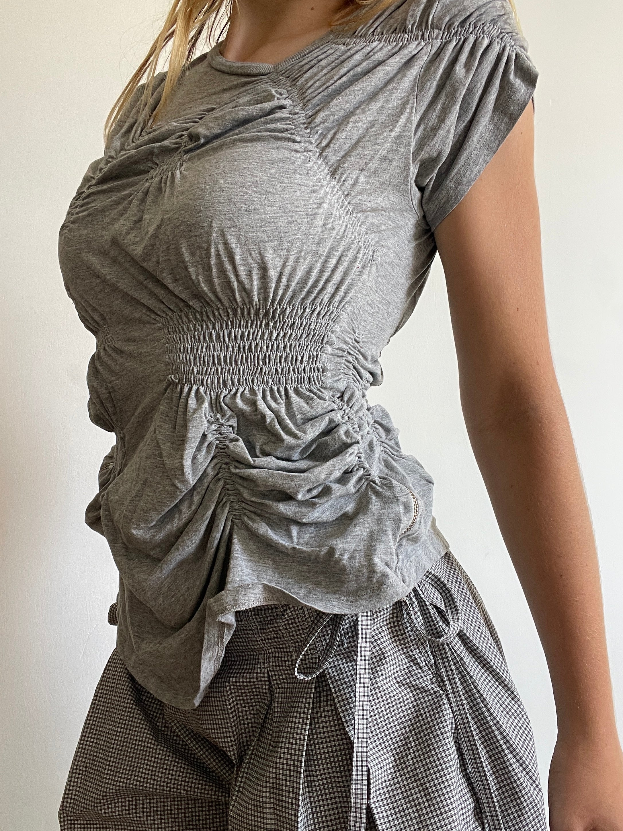 grey reworked elasticated ruched slinky t shirt