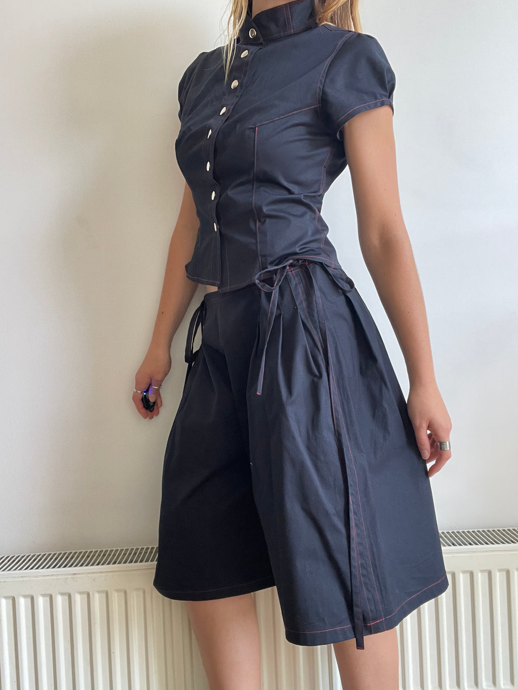handmade matching set navy stretch baggy shorts and shirt