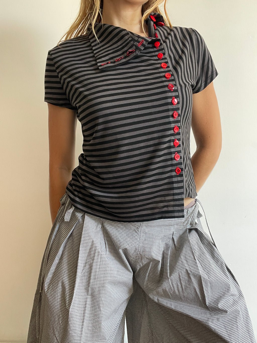handmade grey stripe button up asymmetrical t shirt
