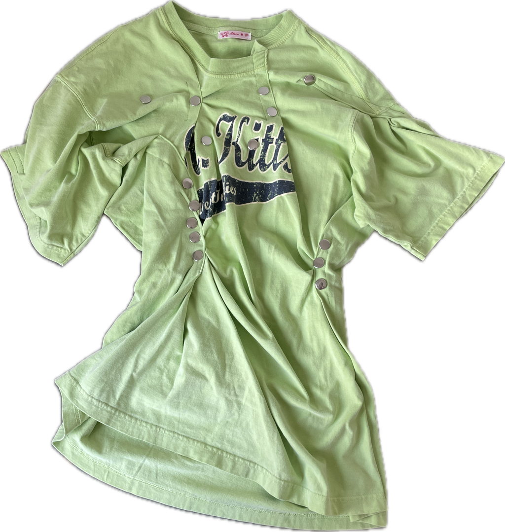 reworked gathered graphic tee with stud details