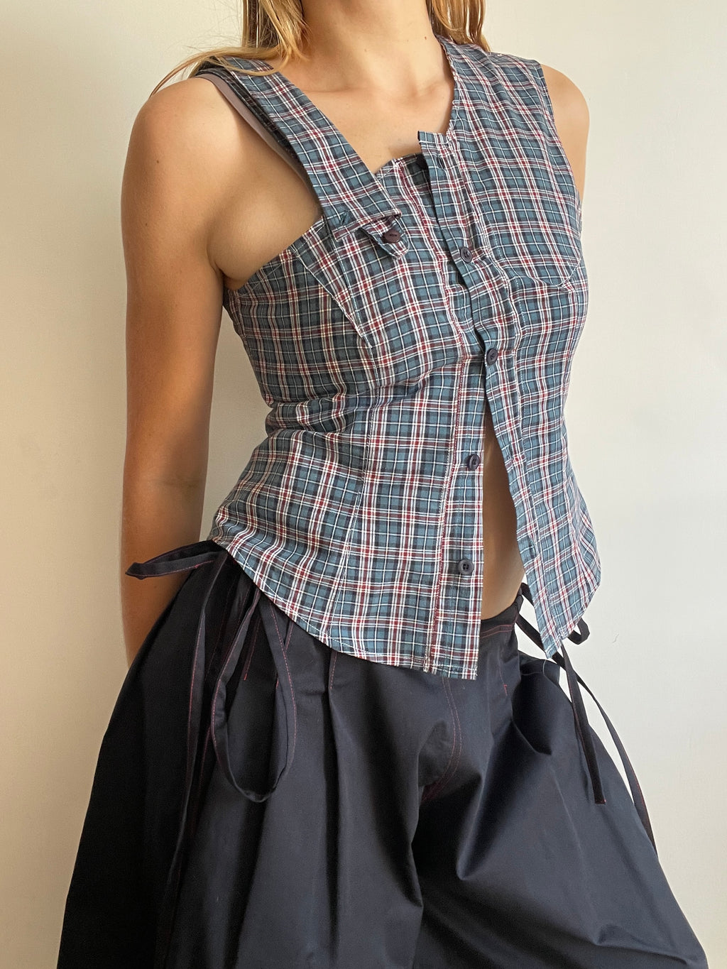 reworked one shoulder check button up tank with removable collar strap