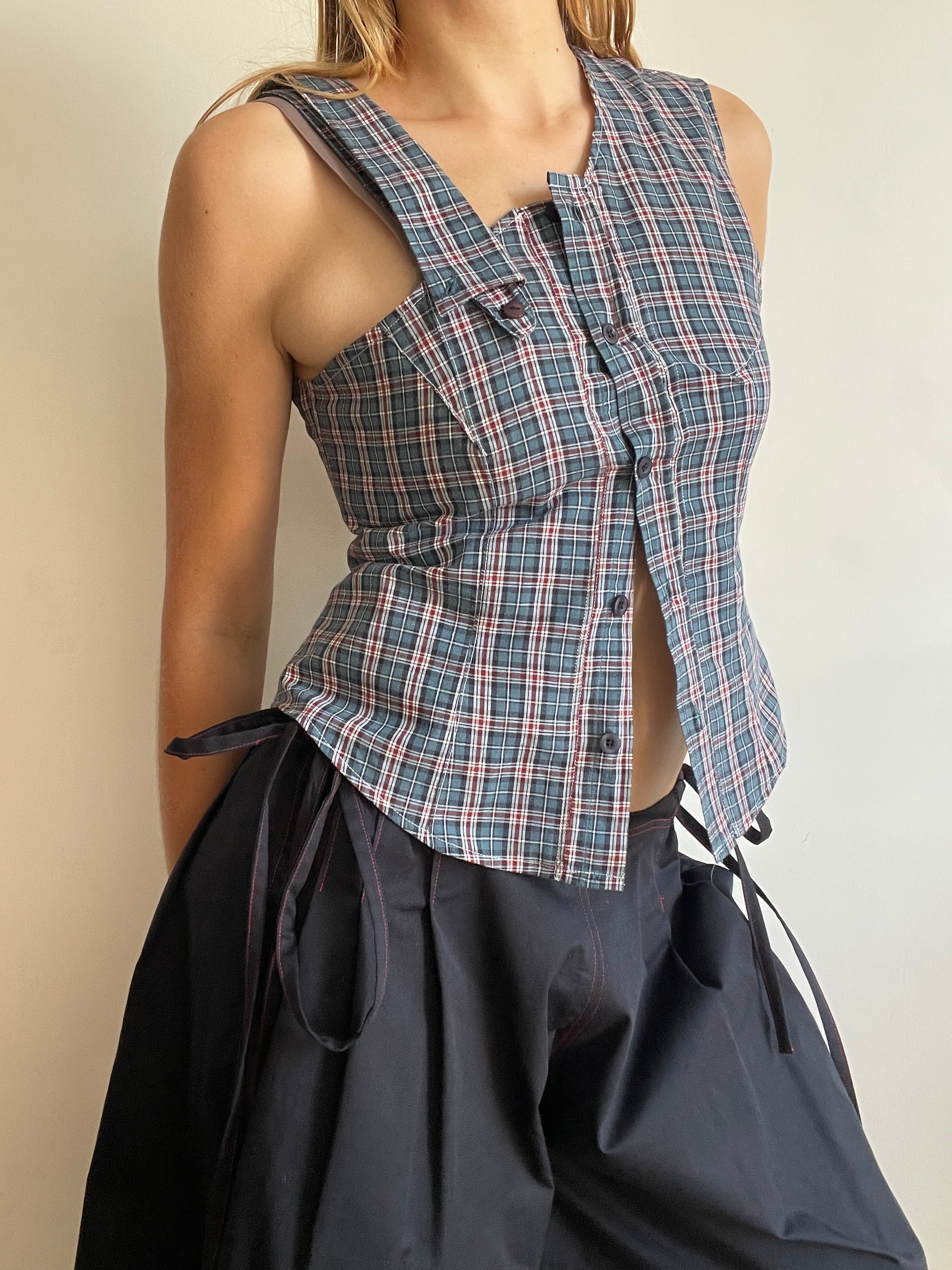 reworked one shoulder check button up tank with removable collar strap