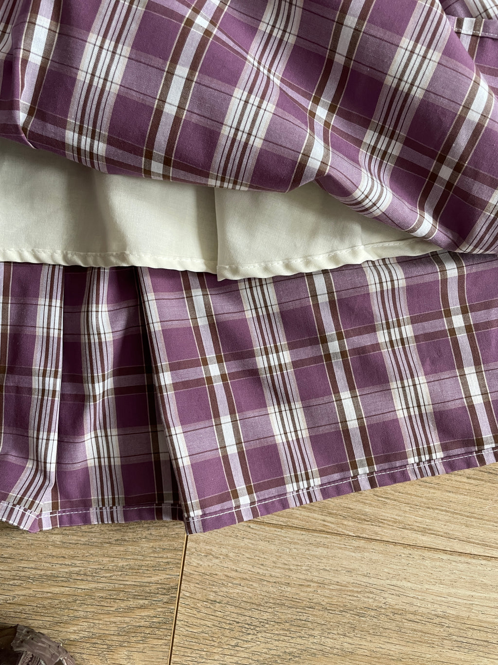 handmade metal popper button purple plaid gathered skirt