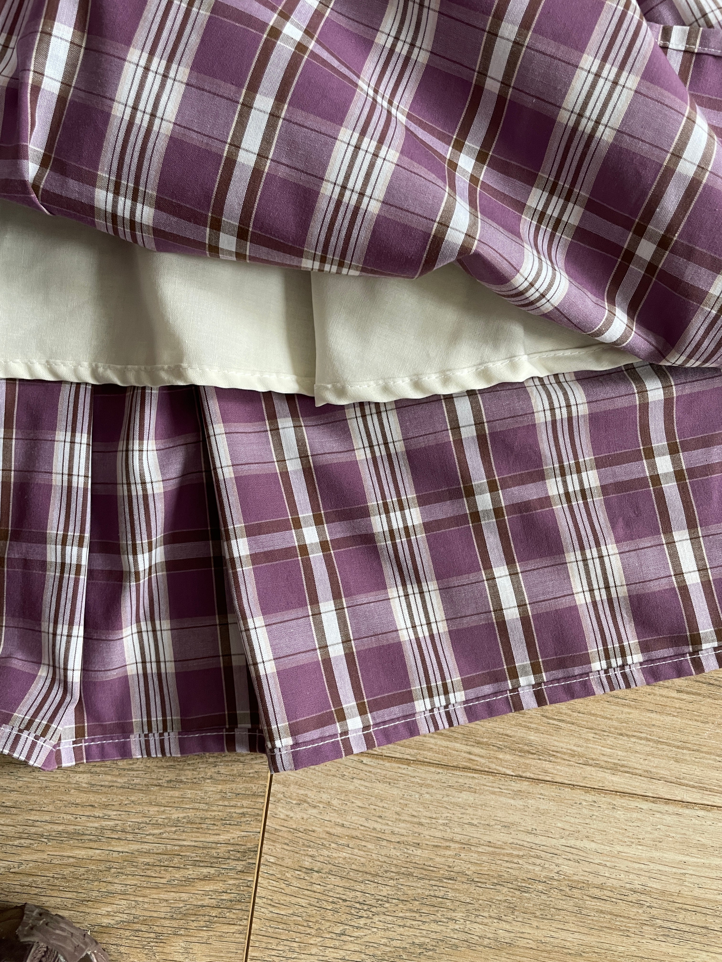 handmade metal popper button purple plaid gathered skirt