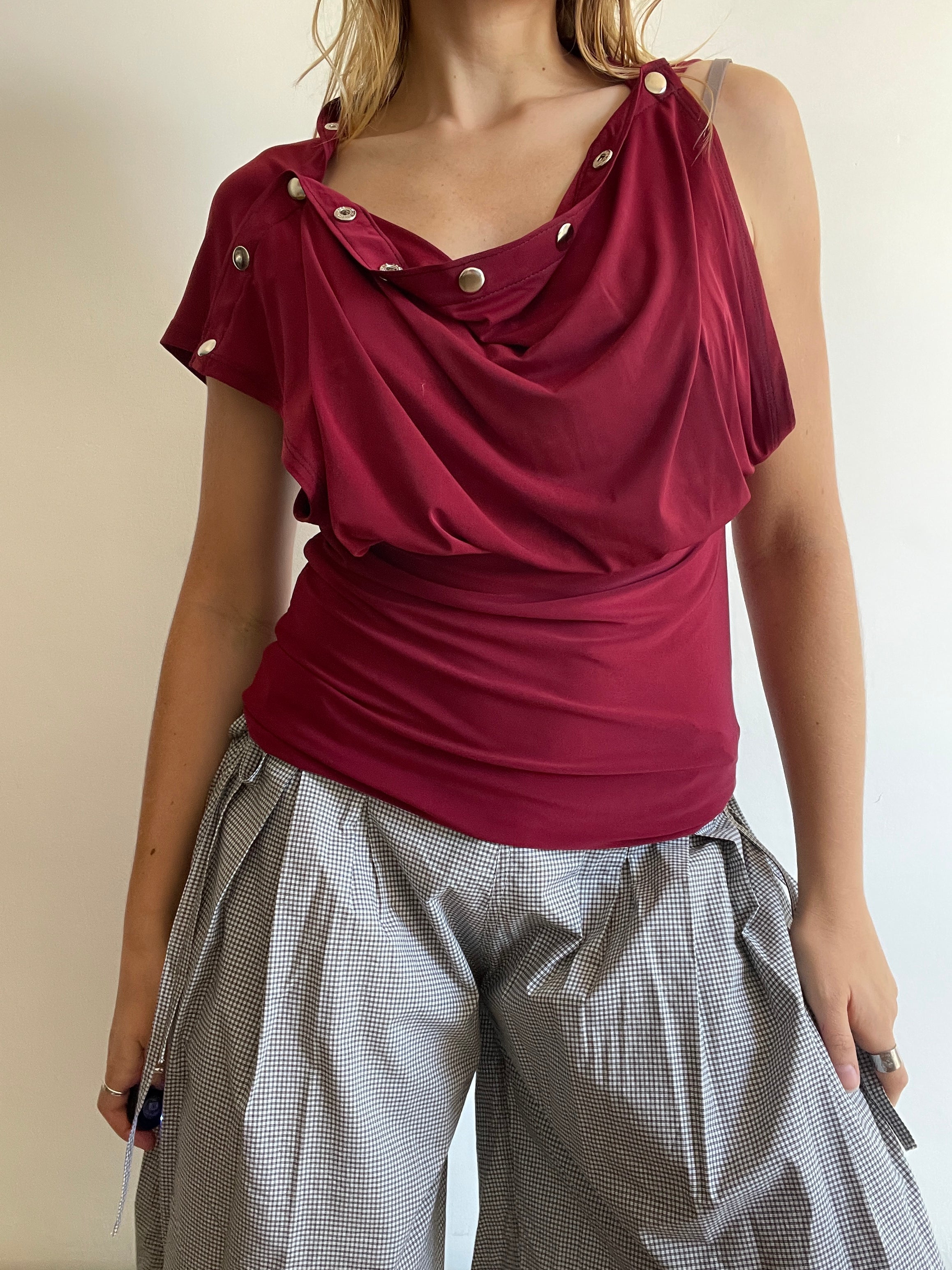 handmade wine red silver popper off shoulder multiwear top