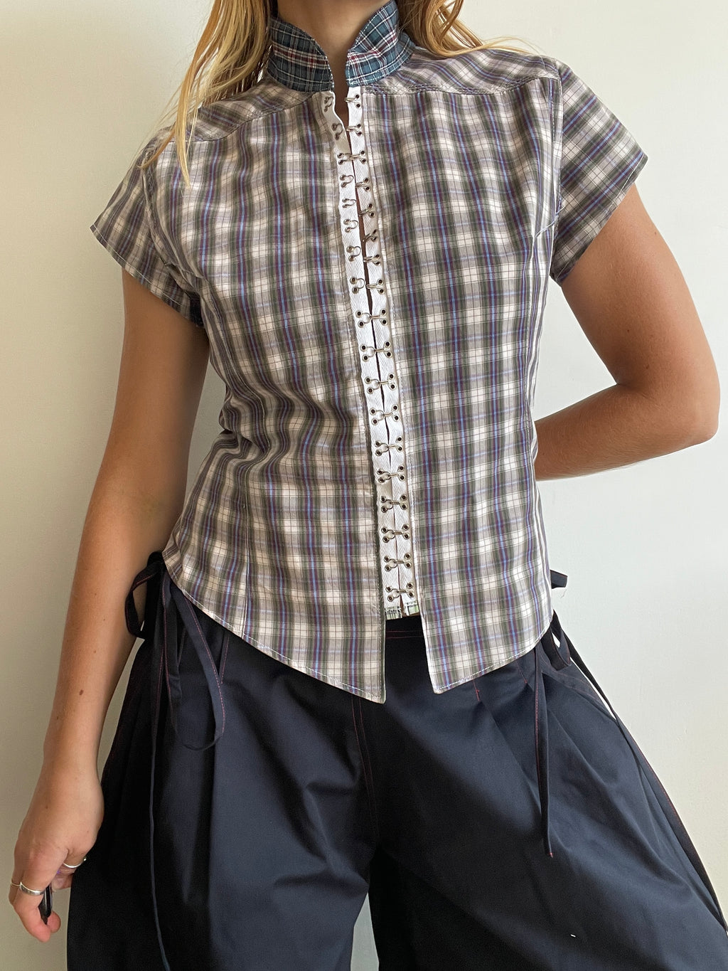 hook eye fitted checkered tartan shirt (lined)