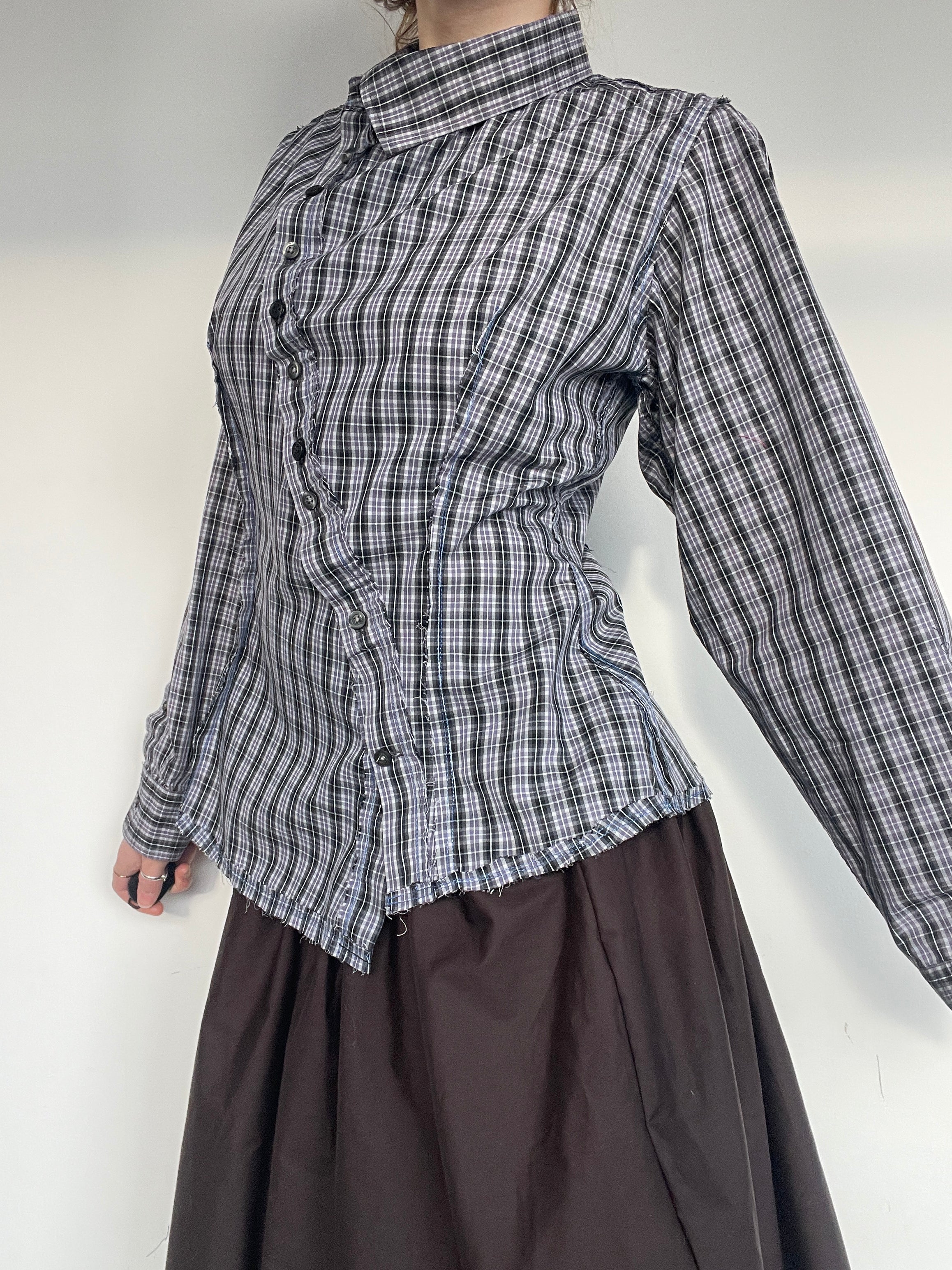 lilac reworked asymetrical checkered button up long sleeve shirt