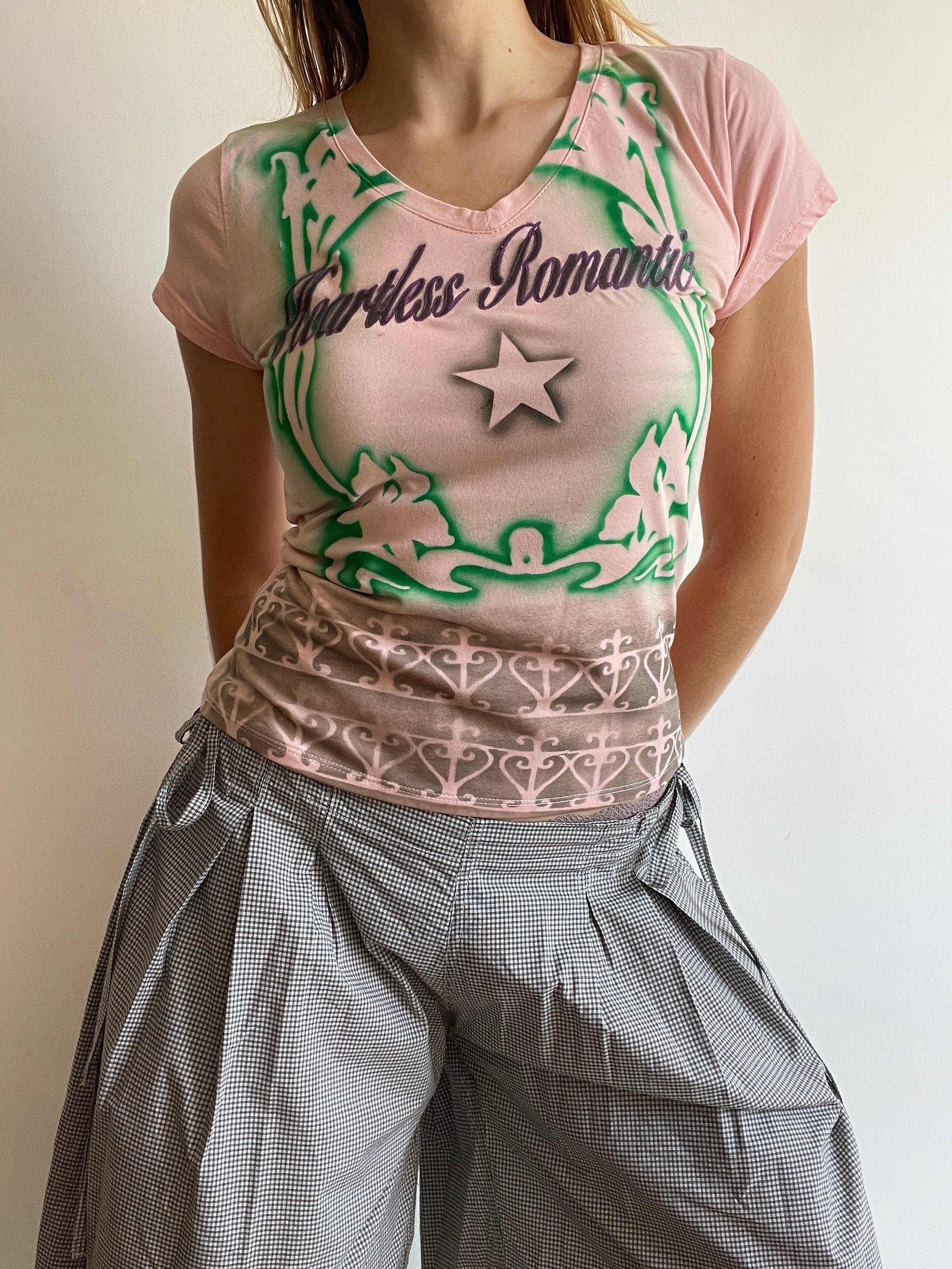 handmade airbrushed stencil print heartless romantic baby tee