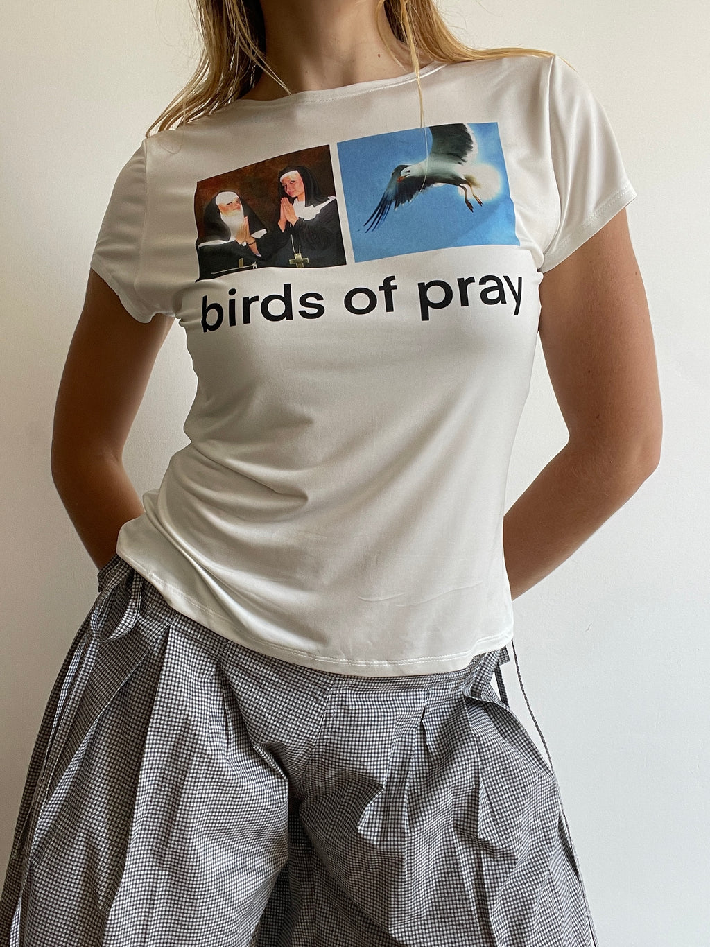handmade slinky graphic birds of pray slogan baby tee