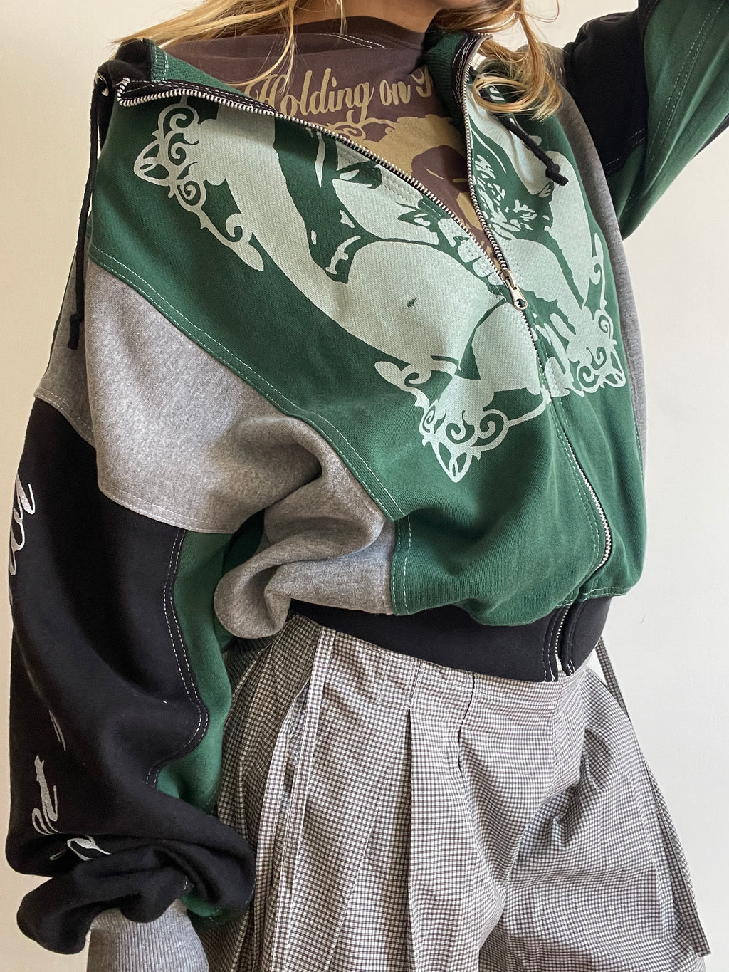 screen printed panelled cat girl zip up hoodie