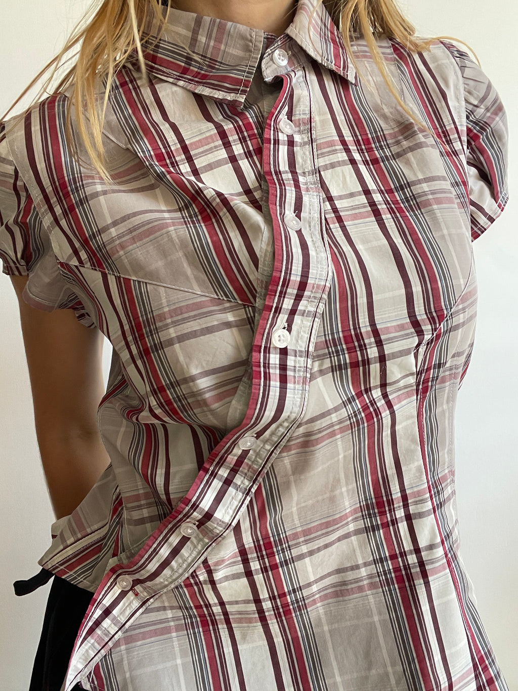 reworked asymetrical red beige checkered shirt