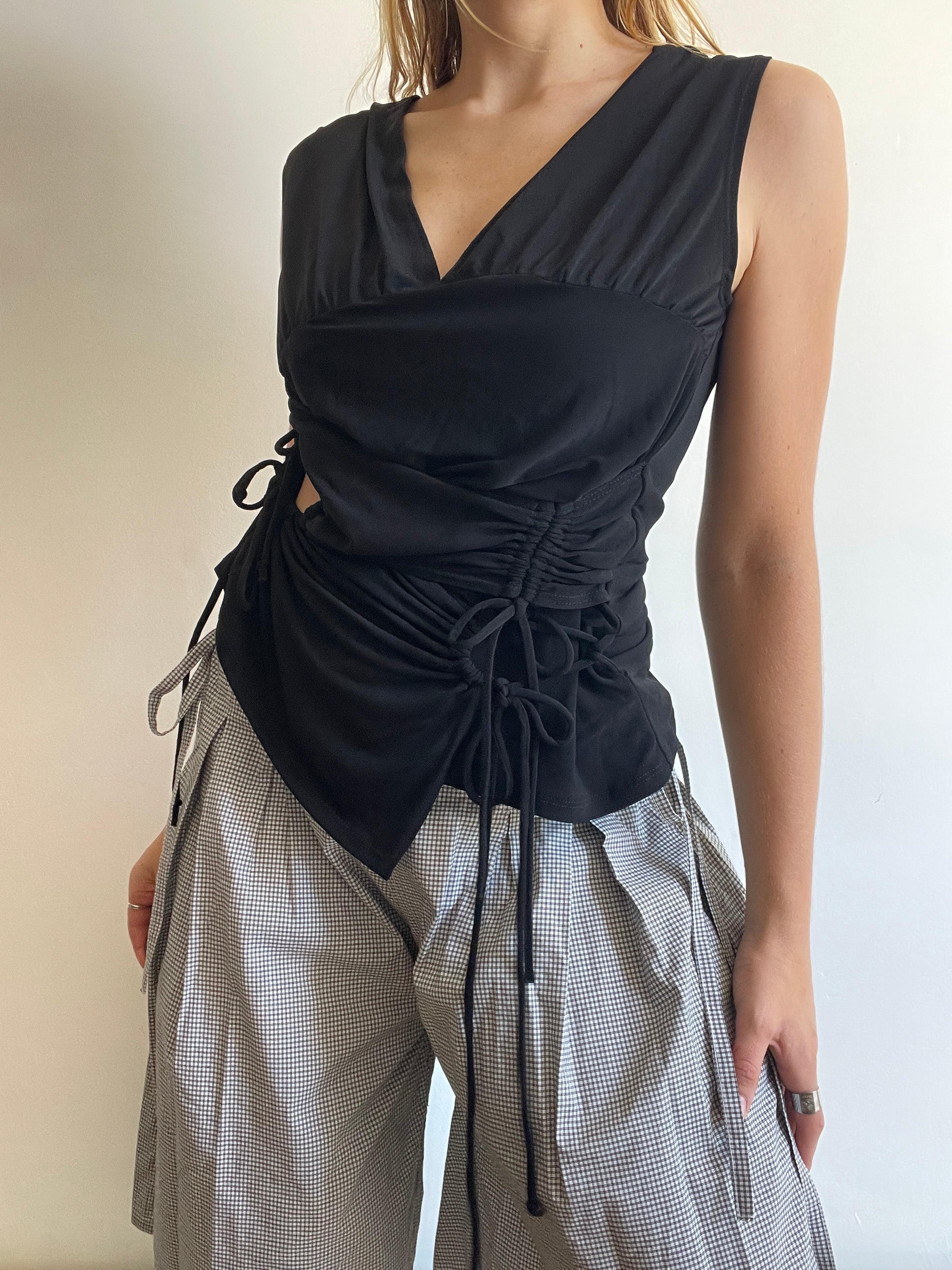 handmade slinky black ruched panel tie top
