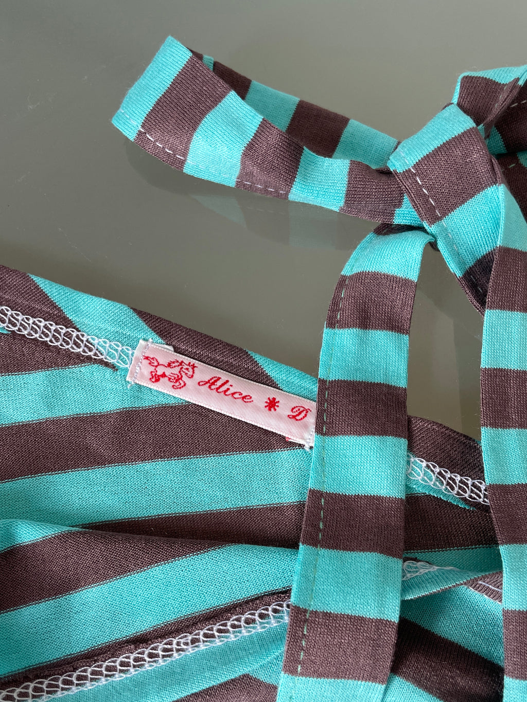 handmade mint brown stripe one shoulder tie top