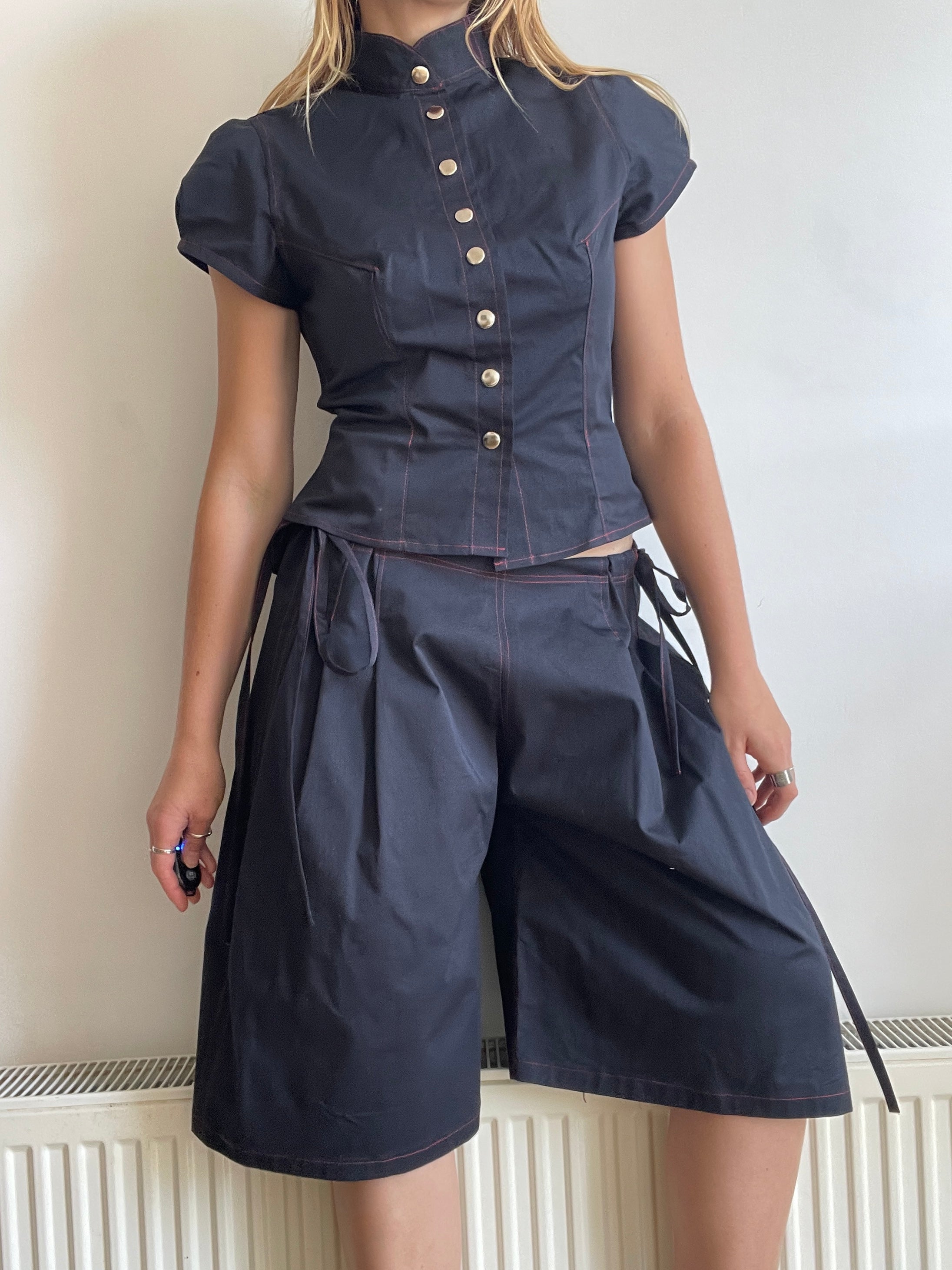 handmade matching set navy stretch baggy shorts and shirt