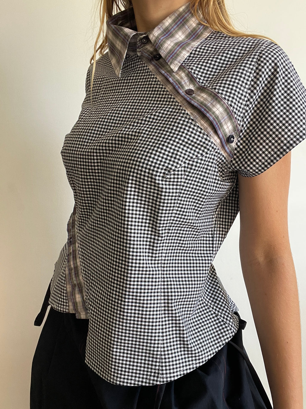 reworked double button up asymetrical fitted shirt