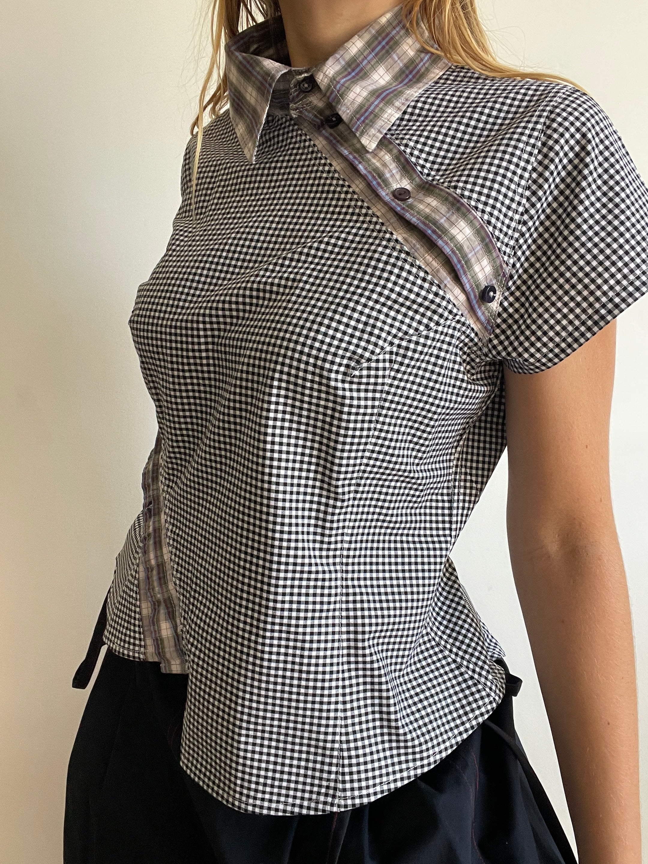 reworked double button up asymetrical fitted shirt