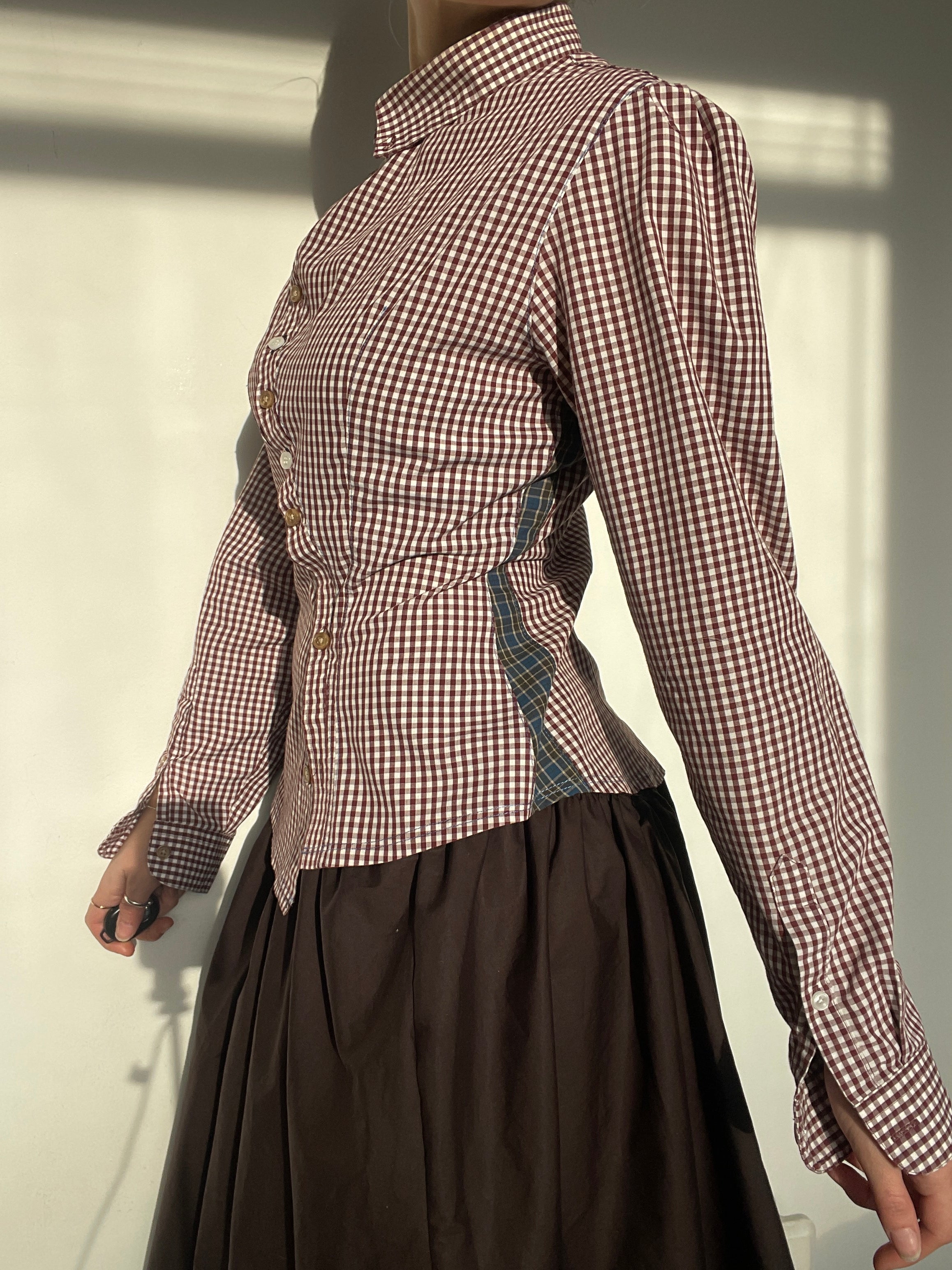 reworked asymetrical gingham burghundy long sleeve shirt