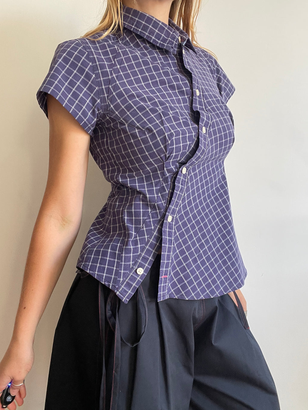 reworked blue grid check fitted blouse