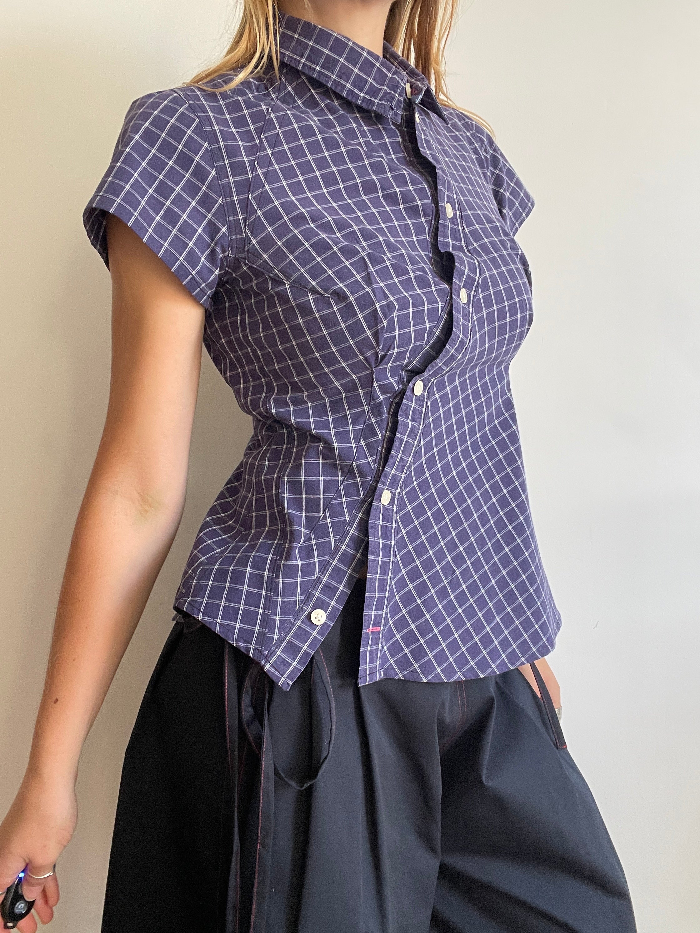 reworked blue grid check fitted blouse