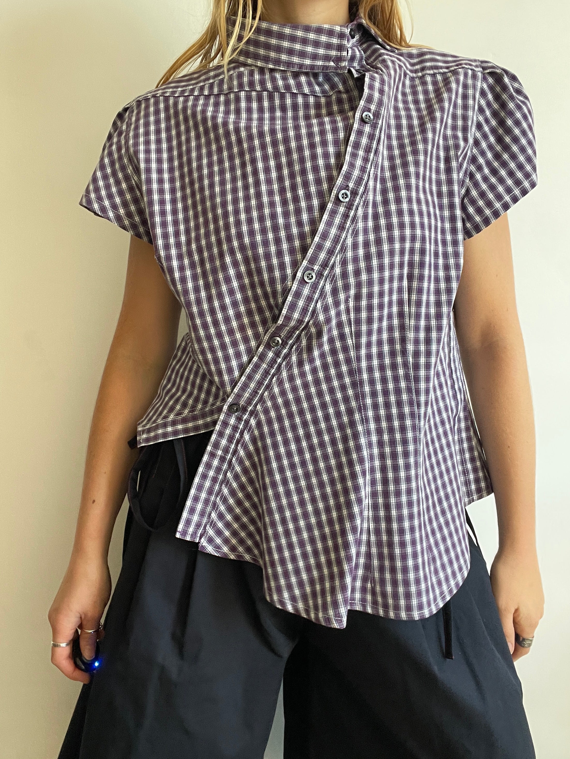 reworked asymetrical purple check shirt