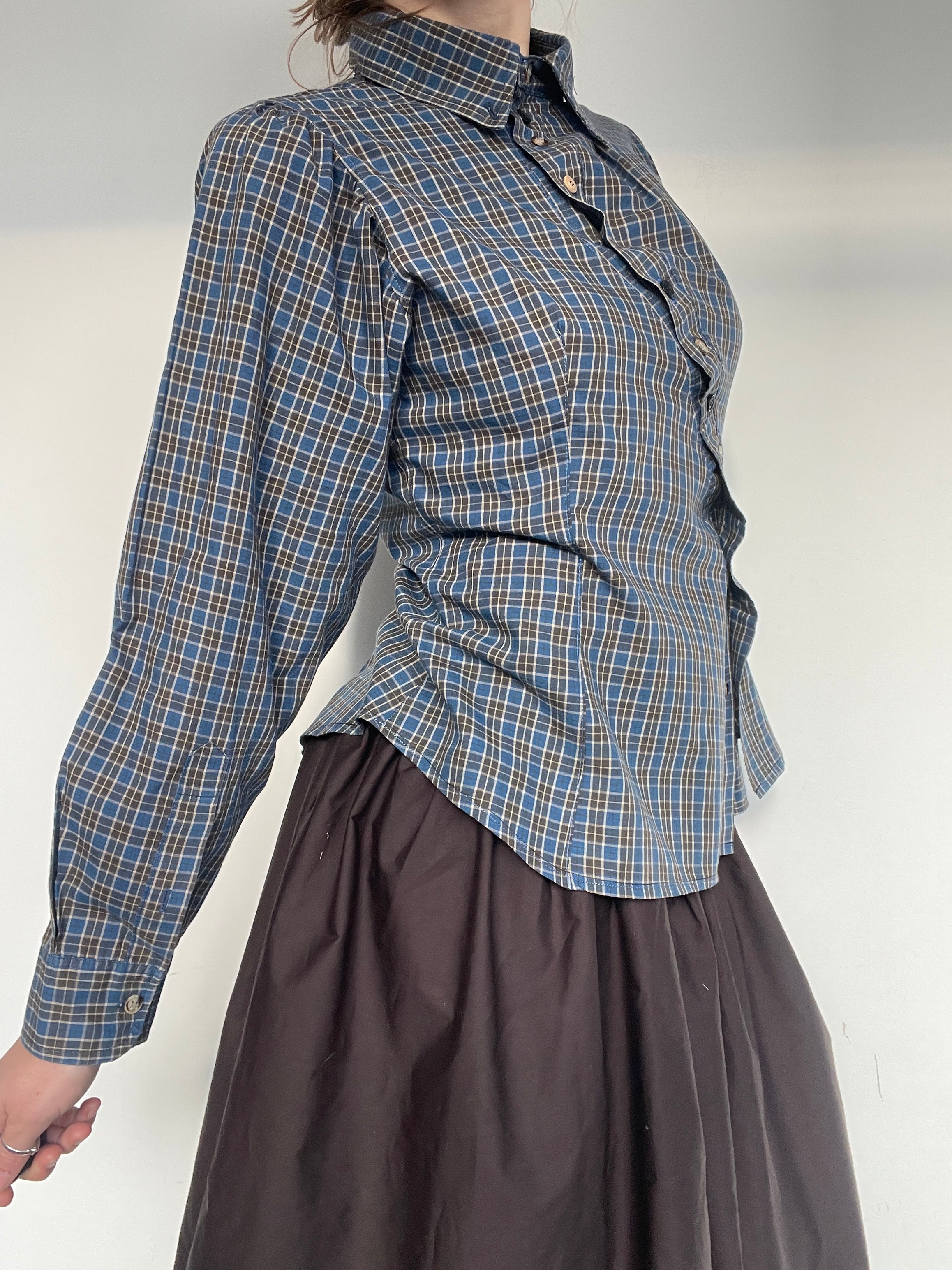 reworked asymetrical button up blue plaid long sleeve shirt